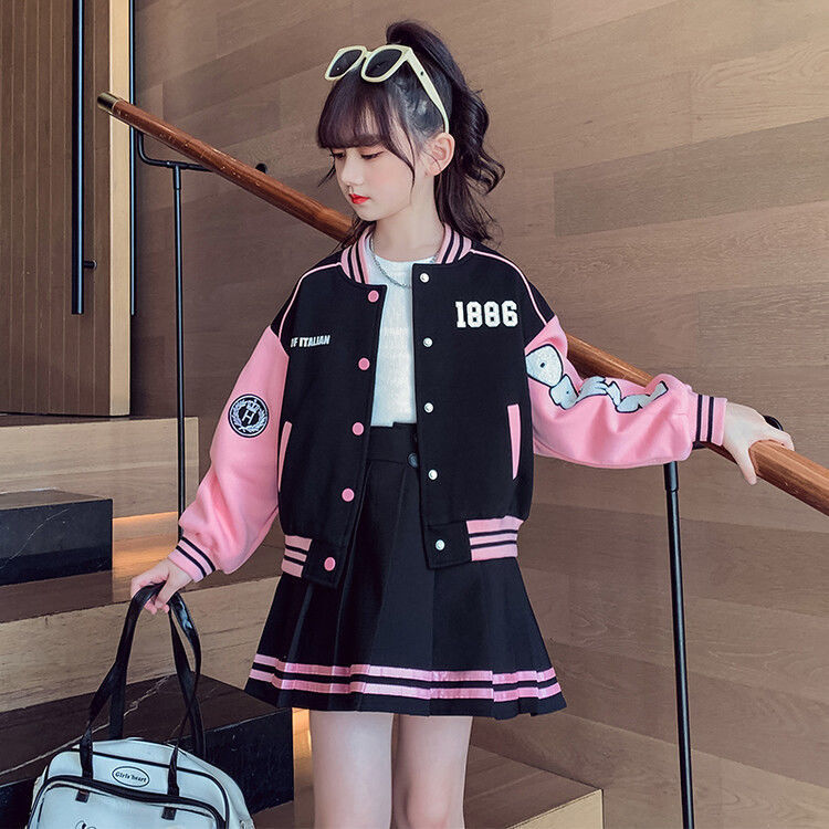 Children's Baseball Jacket, College Style, Pleated Skirt, Two-piece Set