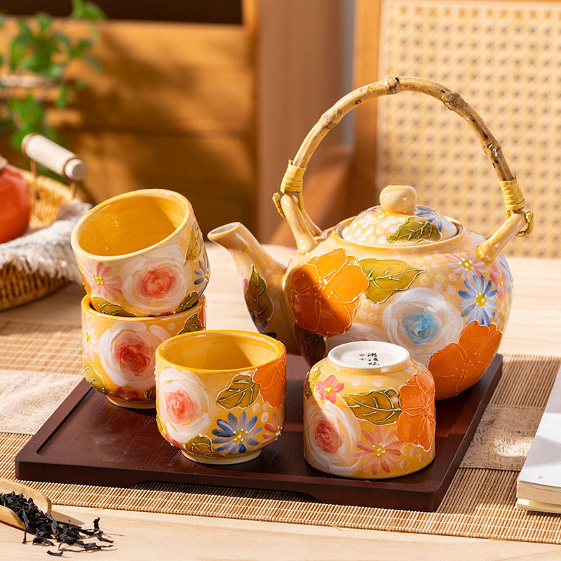Elegant Lifting Handle Household Ceramic Underglaze Teapot Suit Hand Painted Good-looking Retro Water Glass - Orange