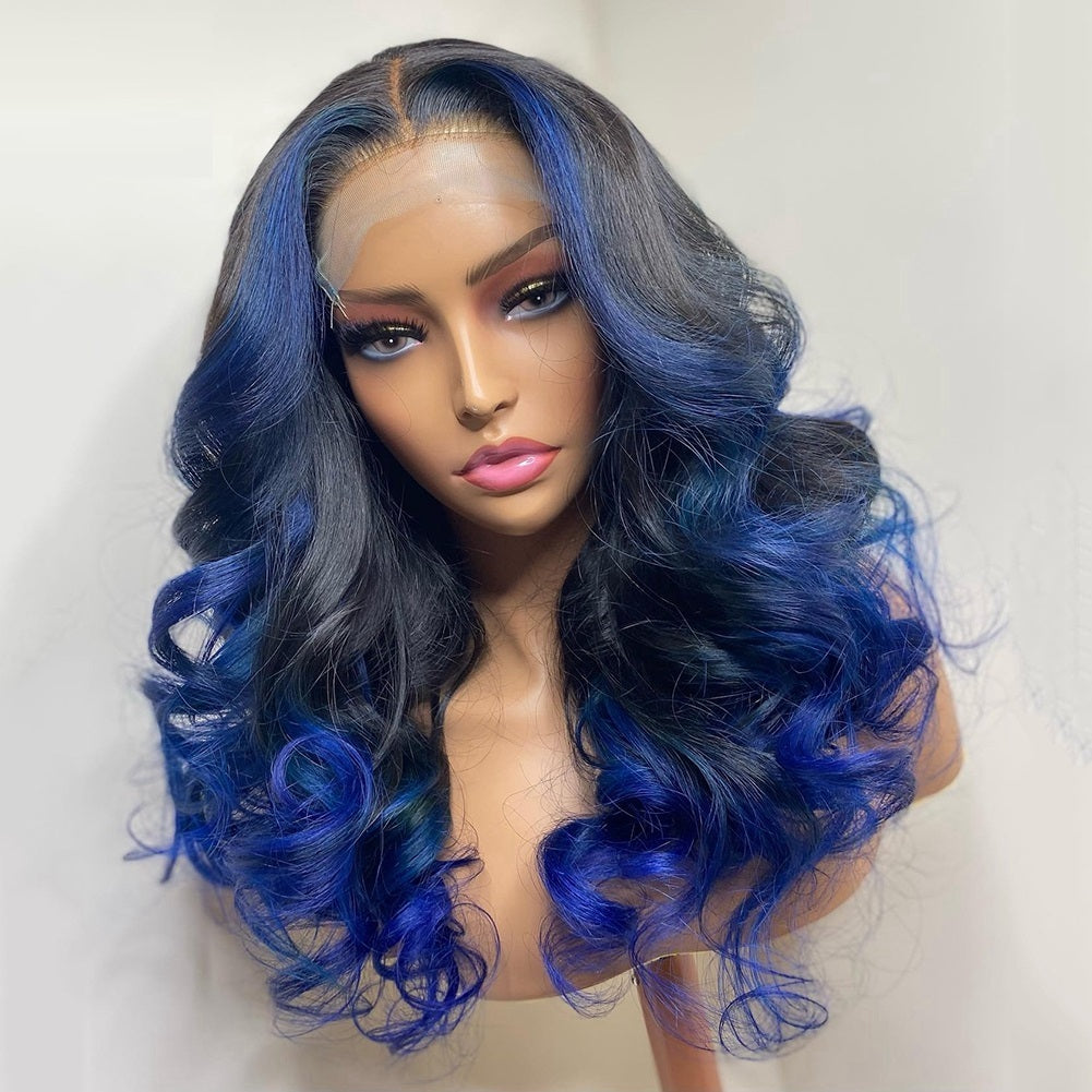Gradient Orange Yellow Blue And Green Real Hair Headgear - Colorful Human Hair Wig