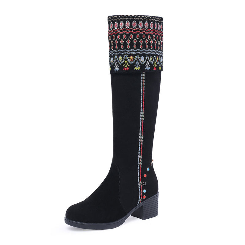 Frosted Embroidery Flower High Boots Female