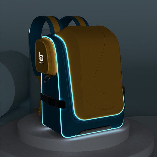 Backpack with glowing blue edges on a dark background