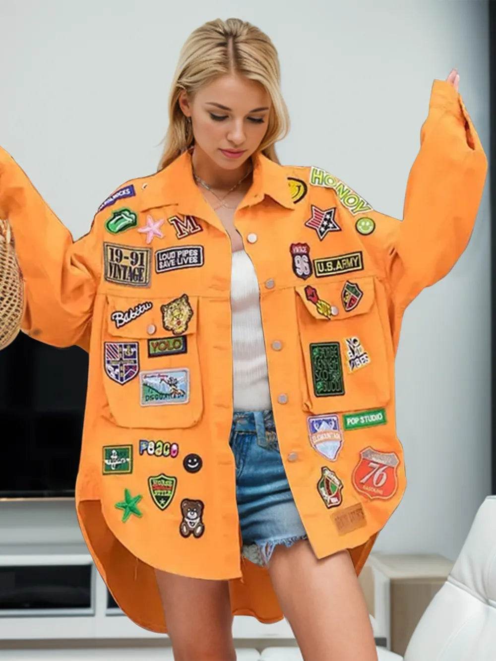Embroidered Patch Button Up Long Sleeve Denim Jacket - Millivan supplies