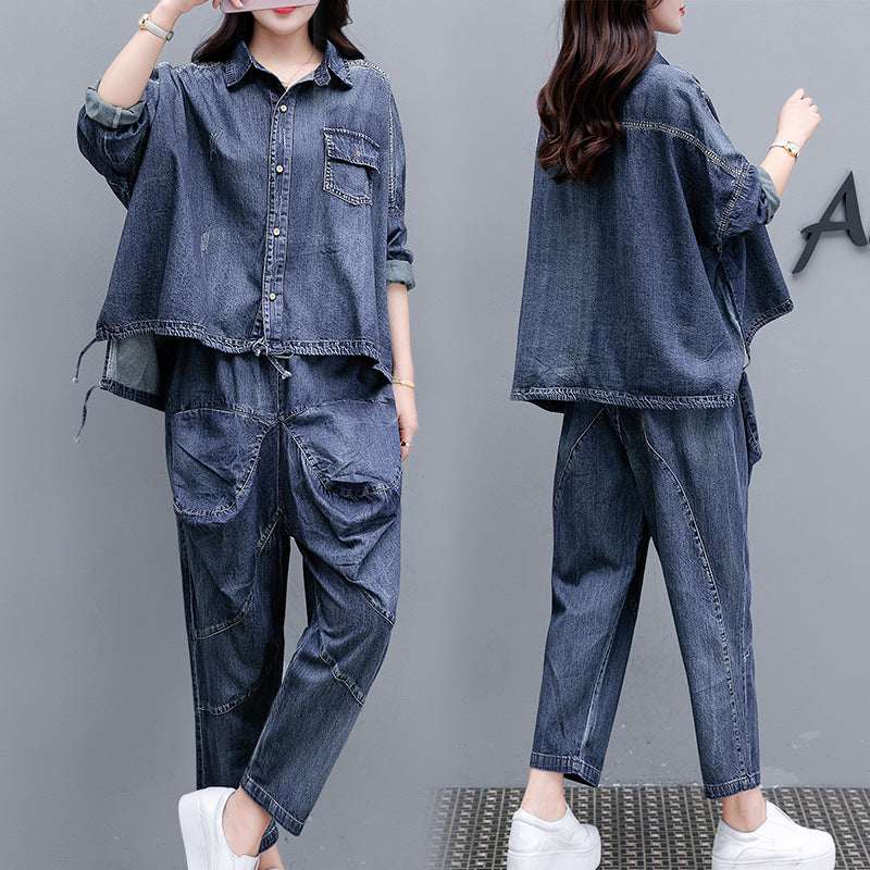 Women's Plus Size Long-Sleeve Top & Cropped Harem Pants Co-ord Set | Denim Blue | L–2XL