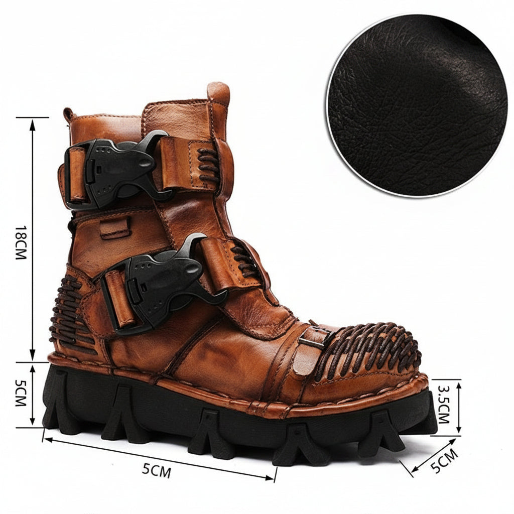 Brown leather boot with unique design, black sole, and measurements on a white background.