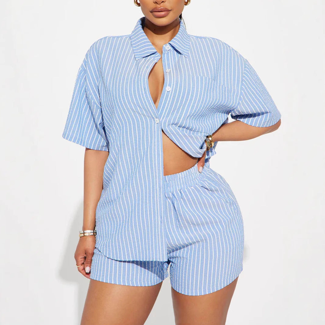 Women's Striped Lapel Short Sleeve Front Cardigan Button Elastic Shorts Suit