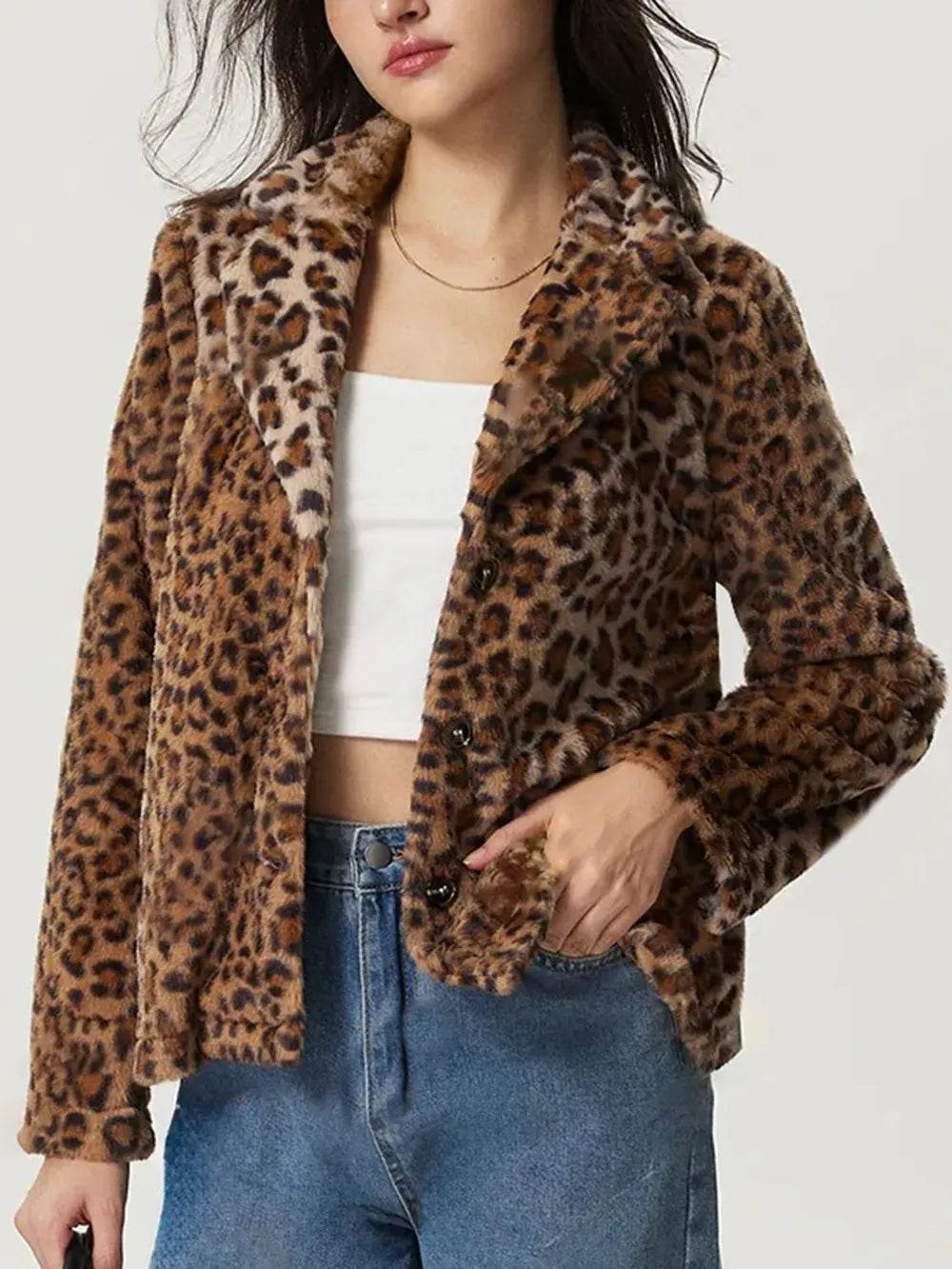 Fuzzy Leopard Collared Neck Jacket - Millivan supplies