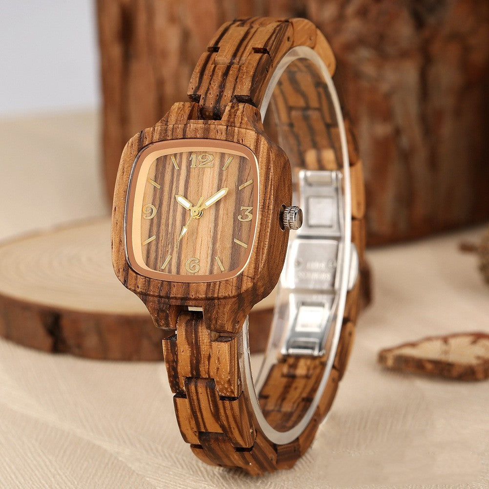 Bamboo Wood Square Watch - Gold Digital Face