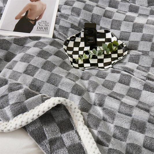 Checkered blanket with a black and white patterned bag and plant on a checkered surface.