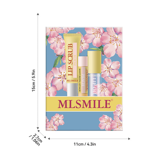 MLSMILE lip care product set with floral design on a blue background