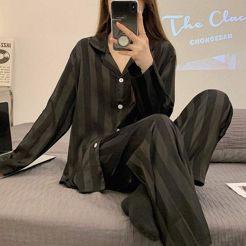 Women's Ice Silk Pajama Set - Adult Long Sleeve Home Sleepwear