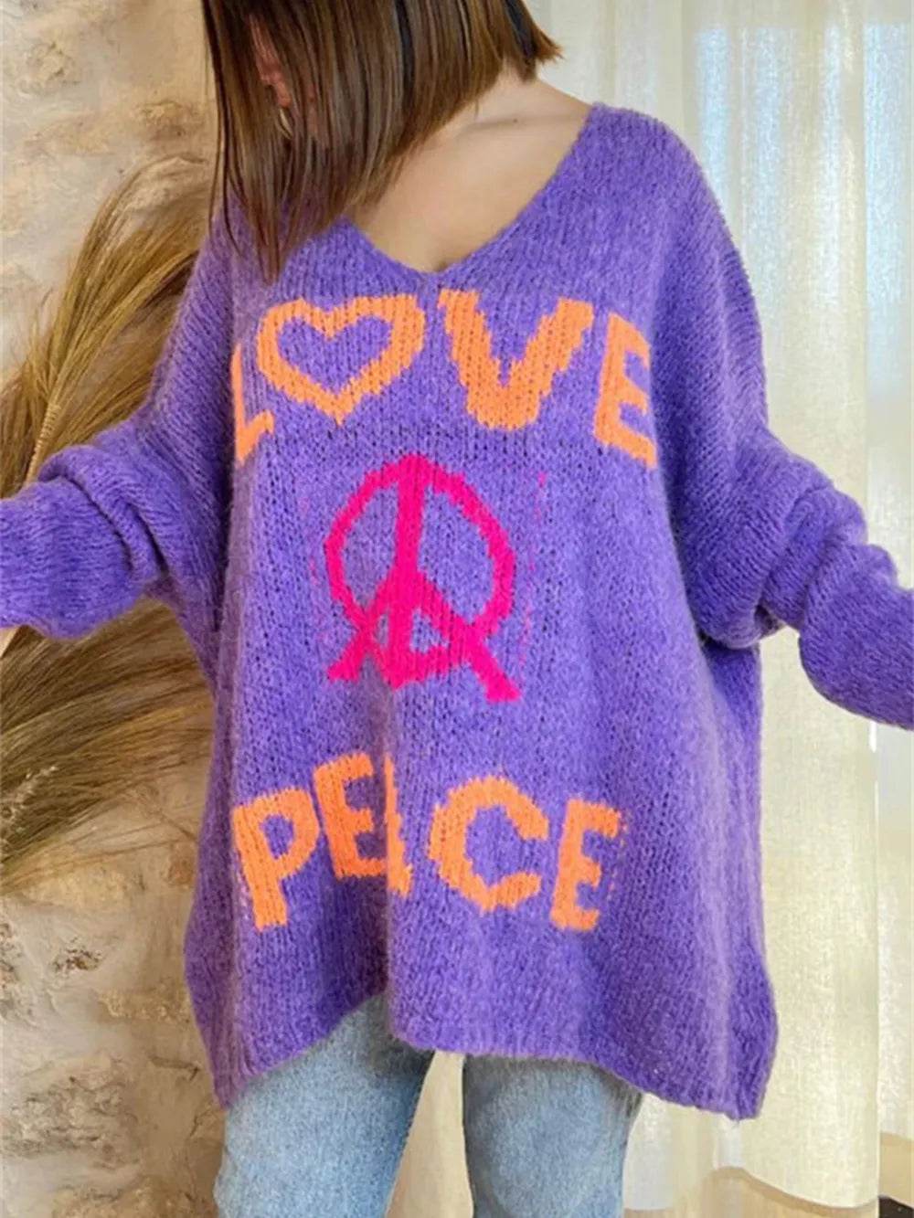 Peace Graphic V-Neck Long Sleeve Sweater - Millivan supplies