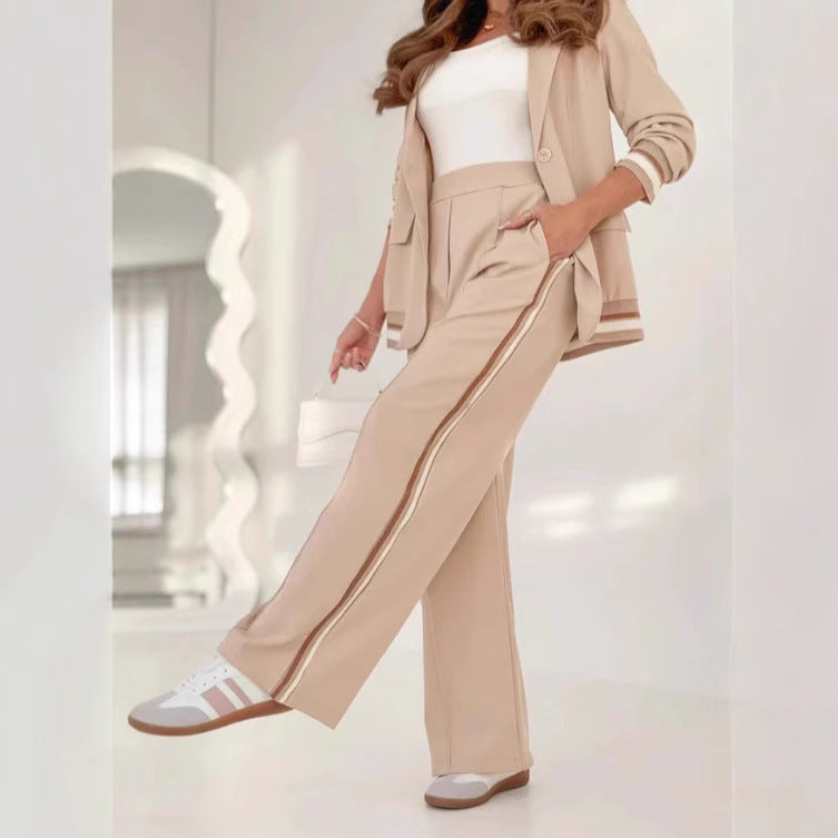 2 Pcs Set Women Suit Coat Pants Suit Lapel Long Sleeves Lady Jacket Wide Leg High Waist Trousers