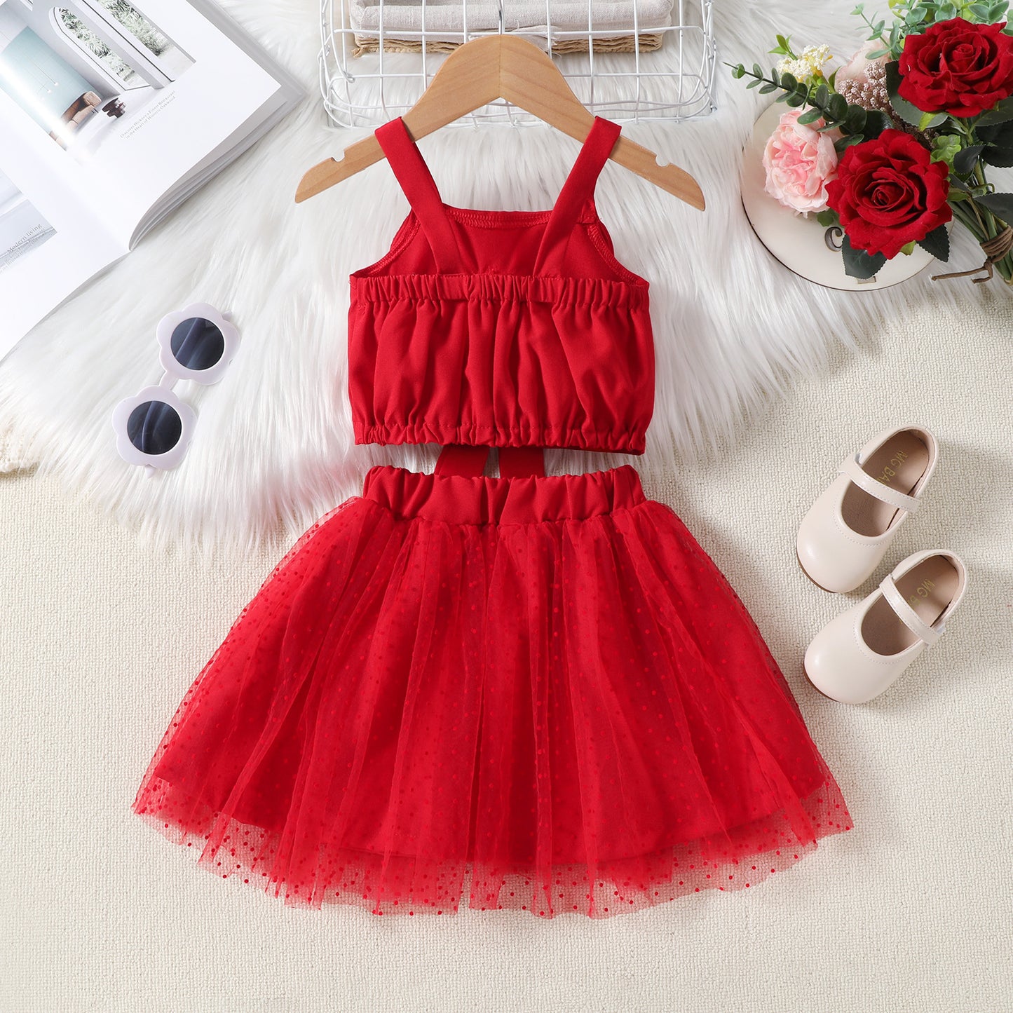 Summer New Girls' Suit Strappy Bow Top With Tulle Skirt Two-piece Set