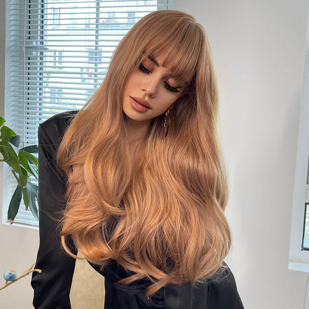 Long Brown Wigs With Bangs Wave Synthetic For Women - Millivan supplies