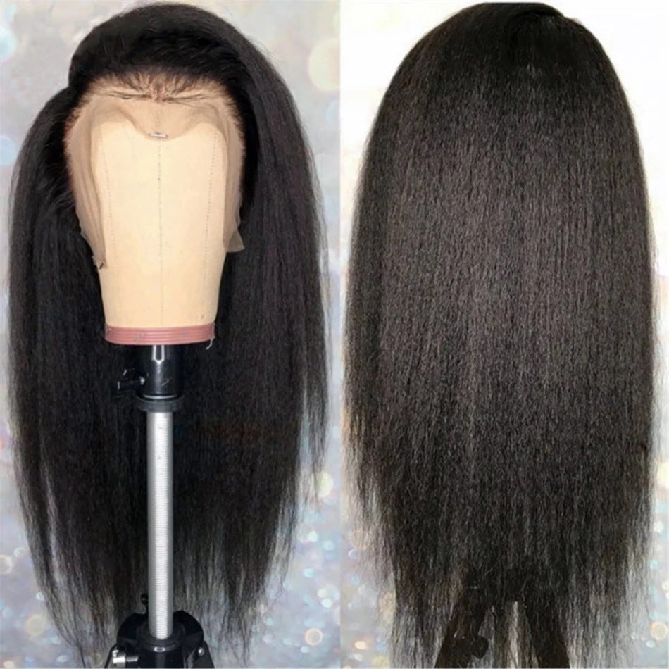Black straight wig on a mannequin head with a close-up of the hair texture.