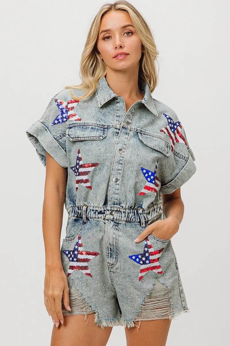 BiBi American Flag Washed Romper - Millivan supplies