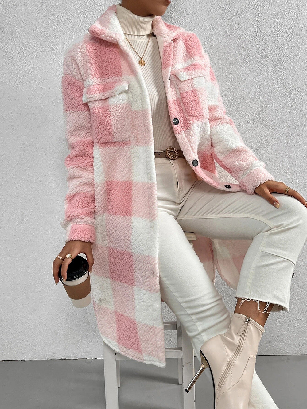 Button Lapel Plush Plaid Coat Loose - Women's Checkered Polyester Jacket 80cm
