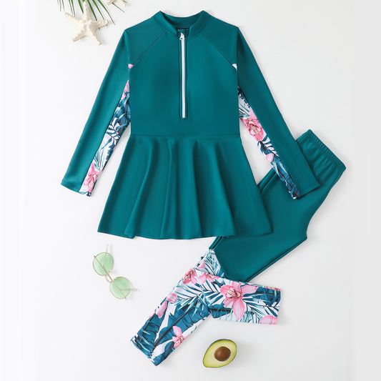 Conservative Split Two-piece Long-sleeved Trousers Medium And Large Girls Swimsuit