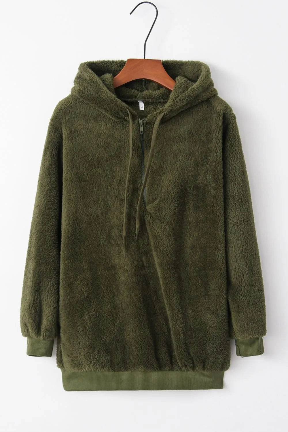 Full Size Quarter-Zip Drawstring Teddy Hoodie - Millivan supplies