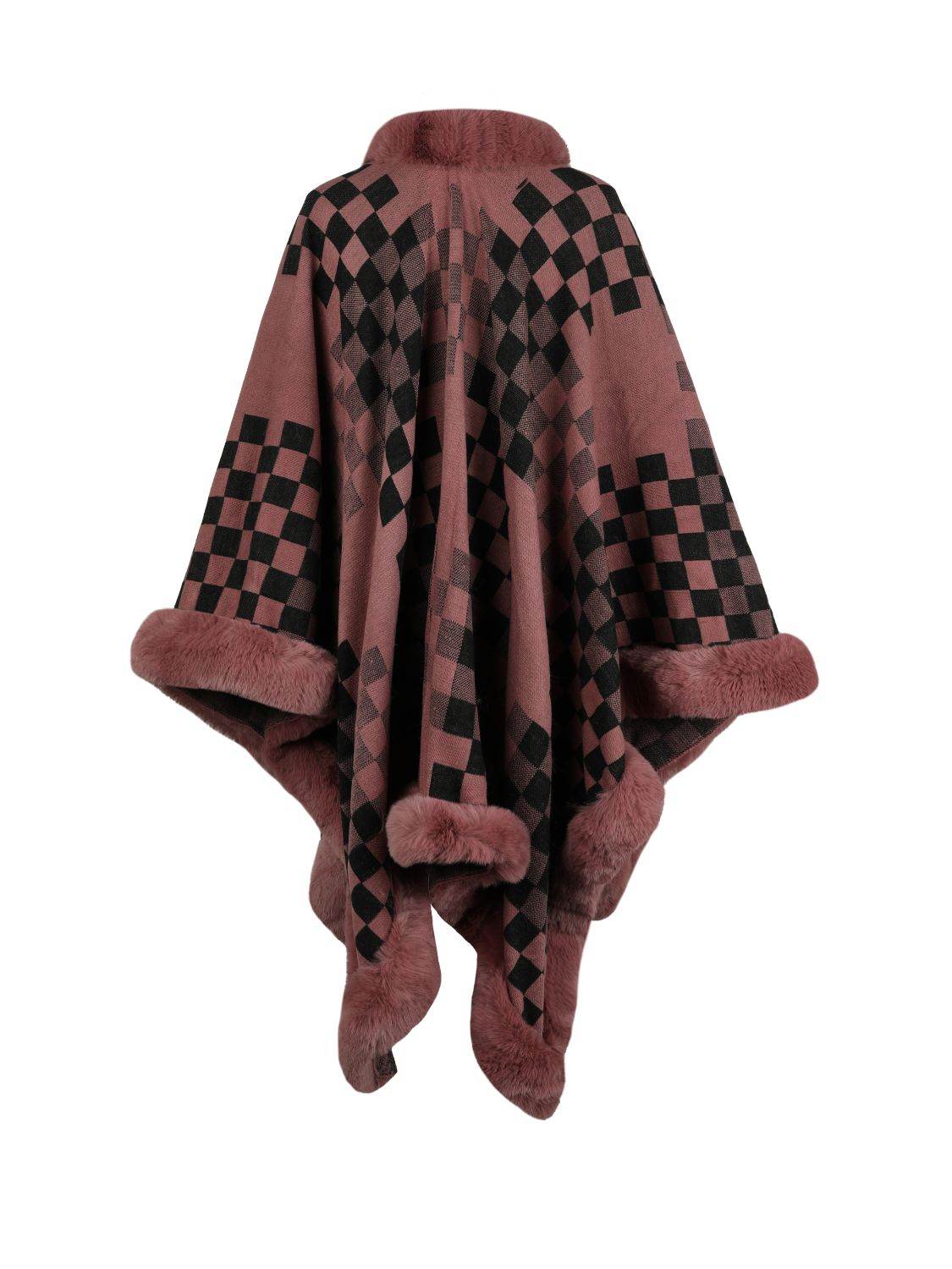 Checkered Faux Fur Trim Poncho - Millivan supplies