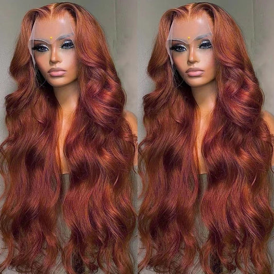 Two views of a red wig on a mannequin head with a plain background