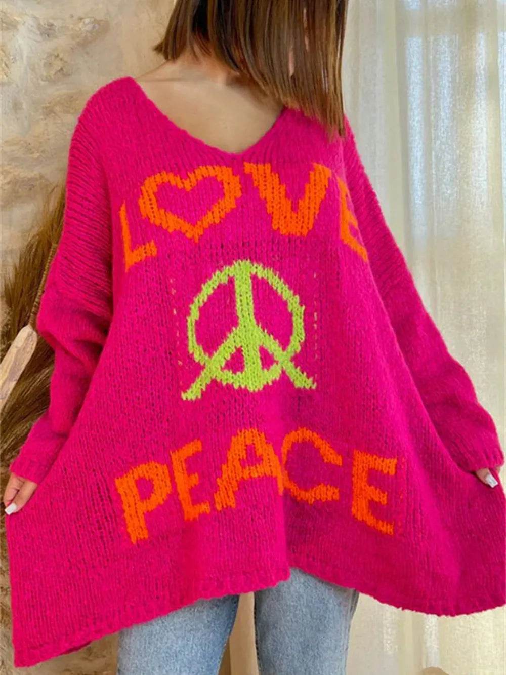Peace Graphic V-Neck Long Sleeve Sweater - Millivan supplies