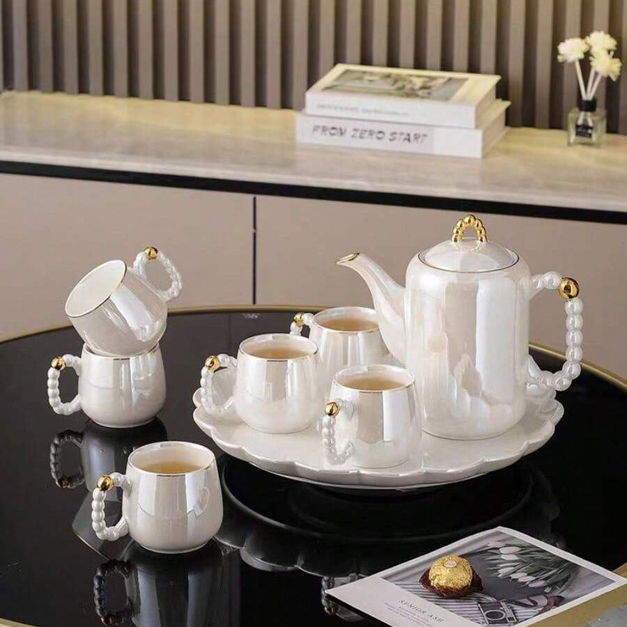 Light Luxury High-grade Ceramic Tools Suit - 8-Piece Tea Set Mat Glaze Lace Disc