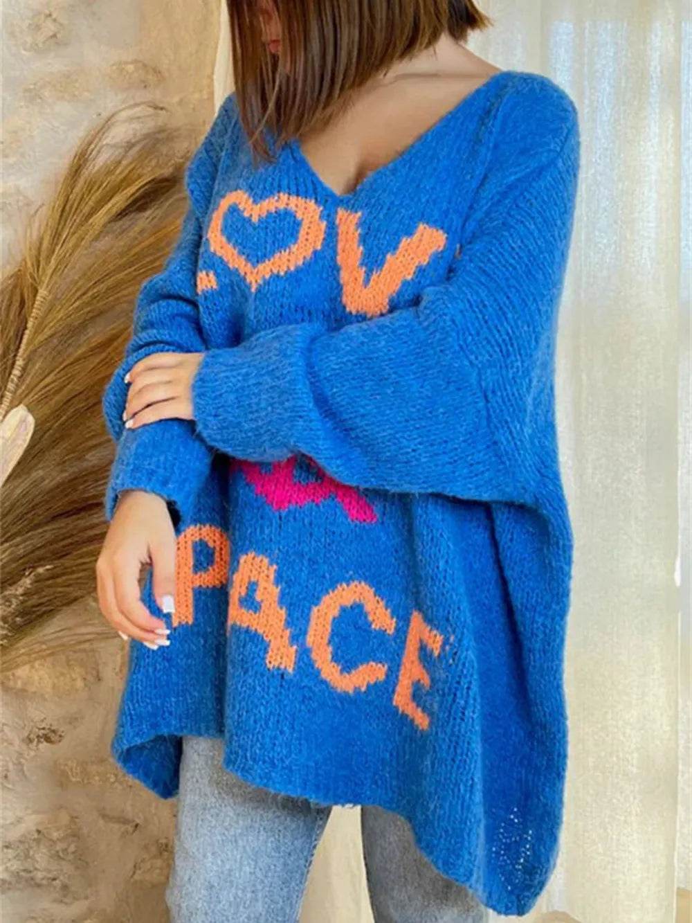 Peace Graphic V-Neck Long Sleeve Sweater - Millivan supplies