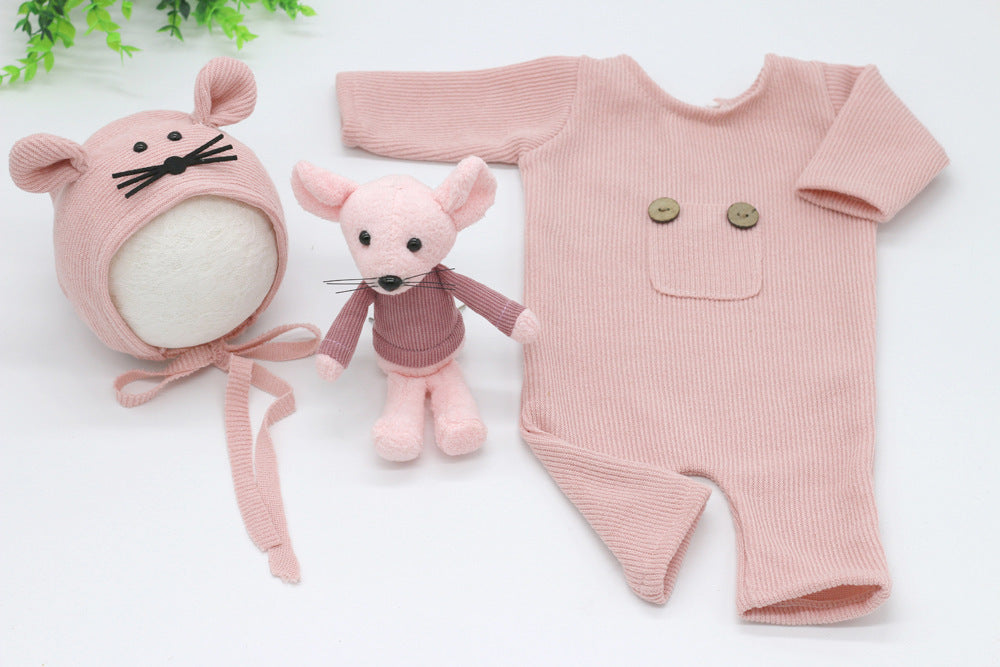 Three-piece Soft Knitted Jumpsuit, Hat, Doll And Mouse