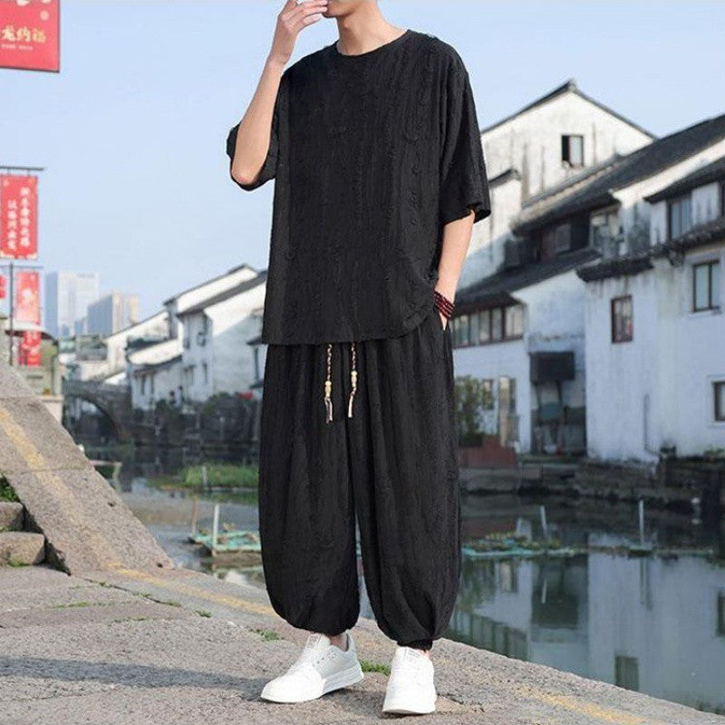 Men's Thin Short-sleeved Two-piece Suit - Black Pants Loose Fit Multiple Sizes