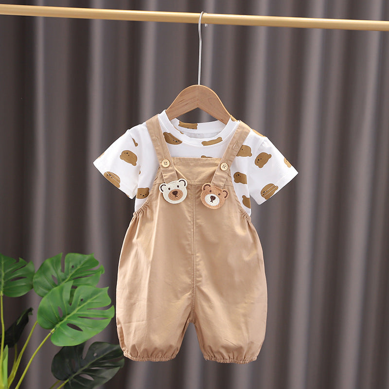 Adorable Bear Brother Two-Piece Baby Outfit - Short Sleeve Top & Strap Pants Set