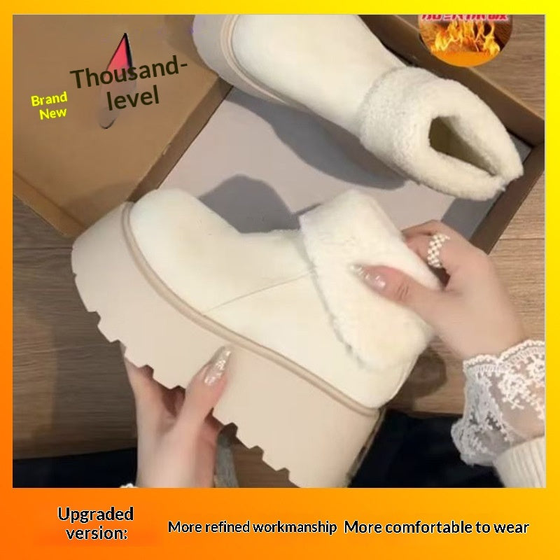 White winter boots being held by a hand with text about brand new and upgraded version.