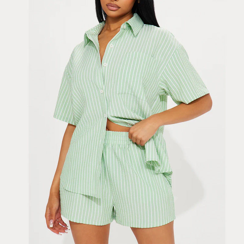 Women's Striped Lapel Short Sleeve Front Cardigan Button Elastic Shorts Suit