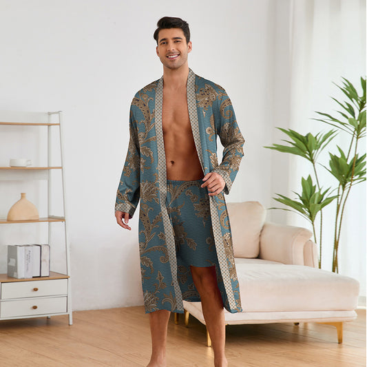 Men's Printed Robes Set - Long Sleeve Top & Shorts Suit