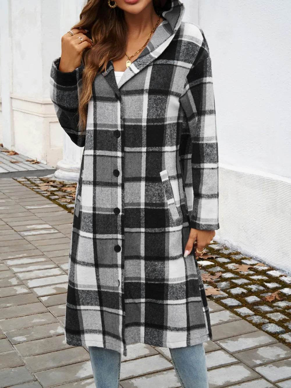 Devine Plaid Long Sleeve Hooded Coat - Millivan supplies