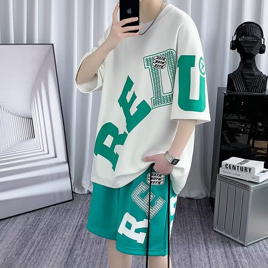 Men's Fashion Casual Printing Short-sleeved Shorts Suit - Cotton Leisure Set