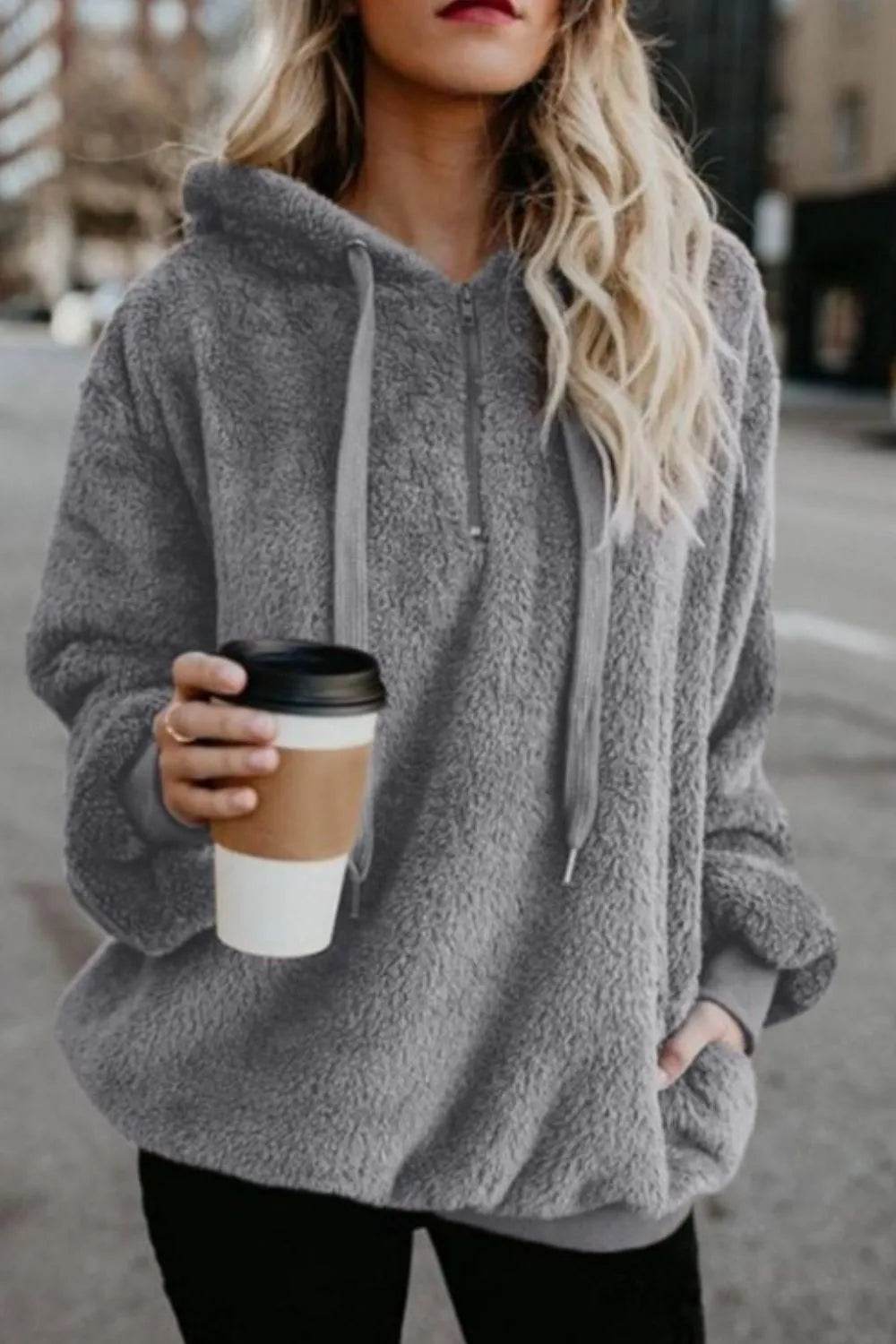 Full Size Quarter-Zip Drawstring Teddy Hoodie - Millivan supplies