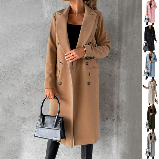 Women's Long Sleeve Lapel Coat - Adult Winter Fashion Double Breasted Slim Jacket