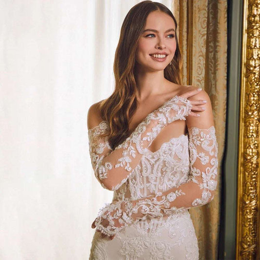 Women's Off-Shoulder Lace Long Sleeve Fishtail Wedding Gown – Mid-Waist Bridal Dress | Ivory | US 2–14 & 14W–26W