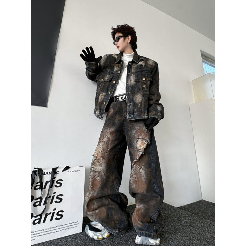 Painting Do The Old Cowboy Jacket Ripped Denim Trousers Men Loose Outfit - Vintage Western Set