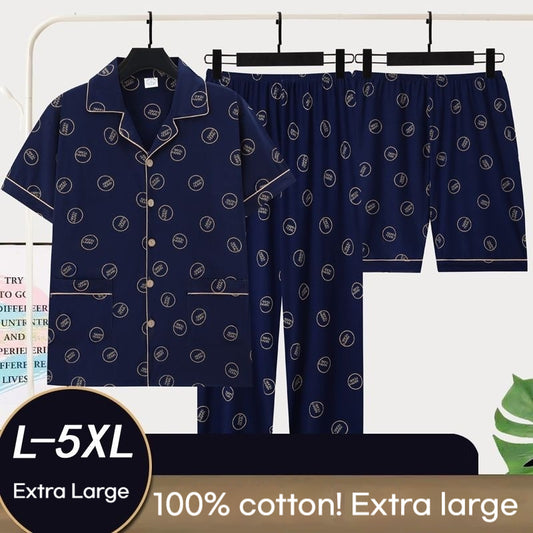 Men's Summer Cotton Pajamas - Adult Three-Piece Short Sleeve Set