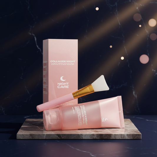 Collagen night wrapping mask set with packaging, tube, and applicator on a white background