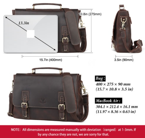 Brown leather bag with dimensions shown relative to a MacBook Air