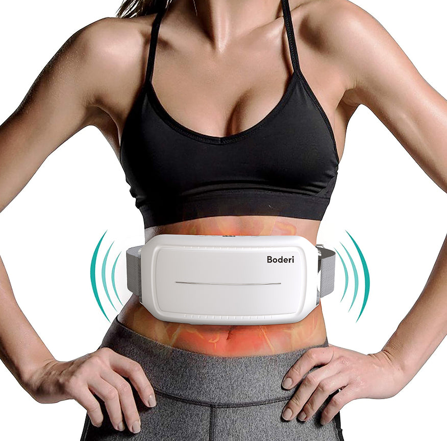 Woman wearing a white waist massager with visible branding on a plain background