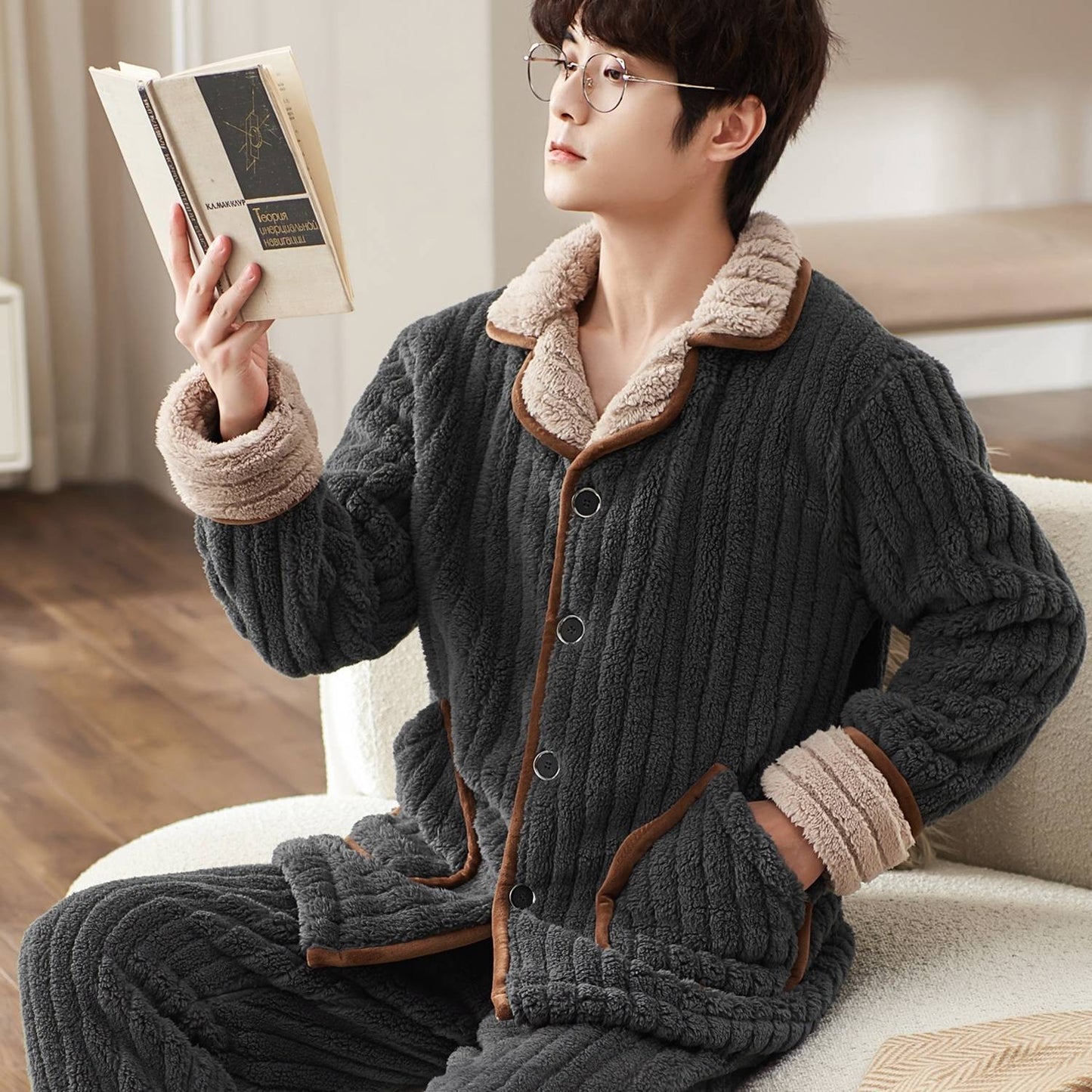 Men's Fashionable Warm Thickened Facecloth Pajamas - Fashion Simple Winter Sleepwear