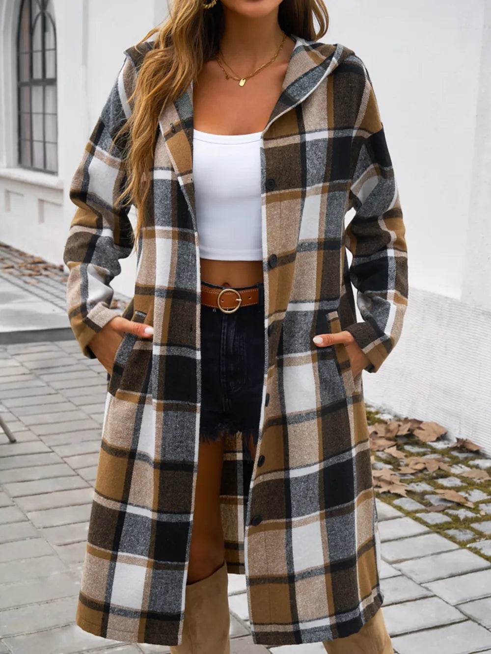 Devine Plaid Long Sleeve Hooded Coat - Millivan supplies