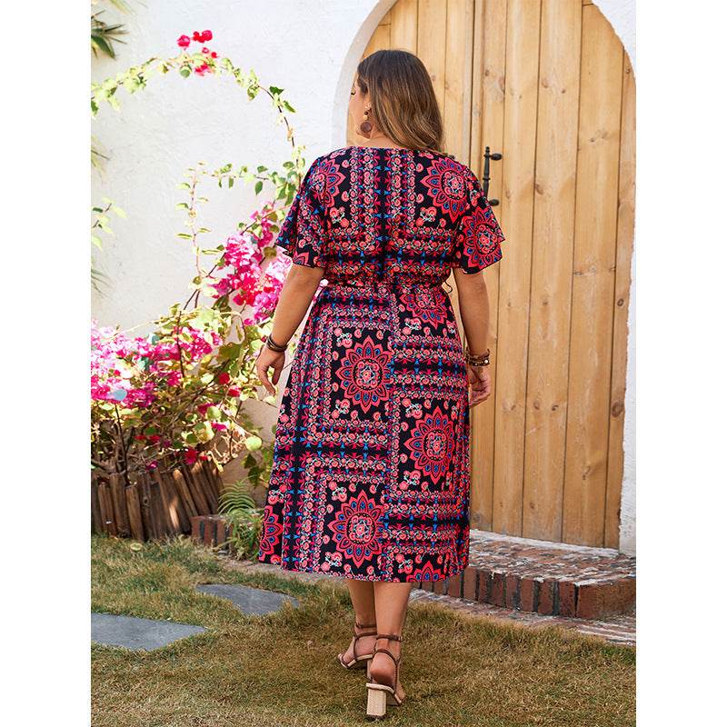 Retro Plus-sized Loose Printed Dress - Casual V-neck Dress - Millivan supplies