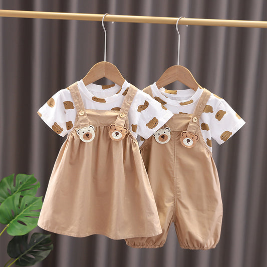 Adorable Bear Brother Two-Piece Baby Outfit - Short Sleeve Top & Strap Pants Set