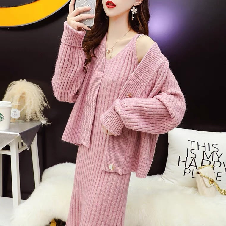 Fashion Women's Solid Color Sweater Suit Skirt