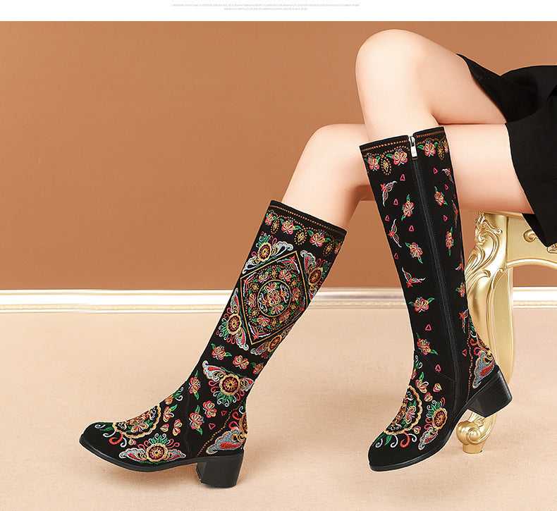 Frosted Embroidery Flower High Boots Female
